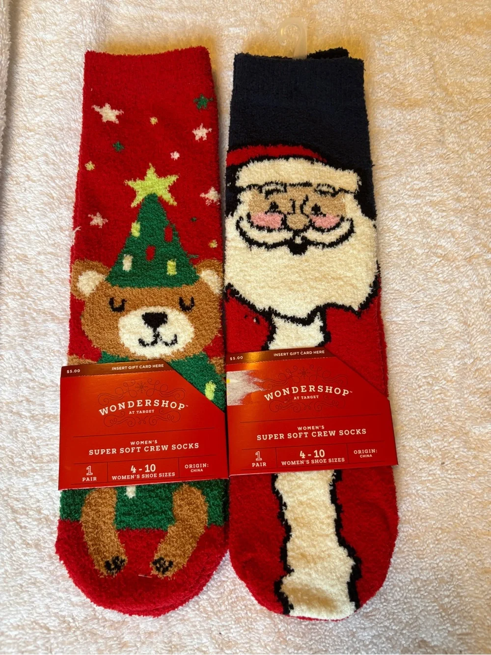 Wondershop Women's Red & Blue Holiday Super Soft Crew Socks - Santa & Bear NEW